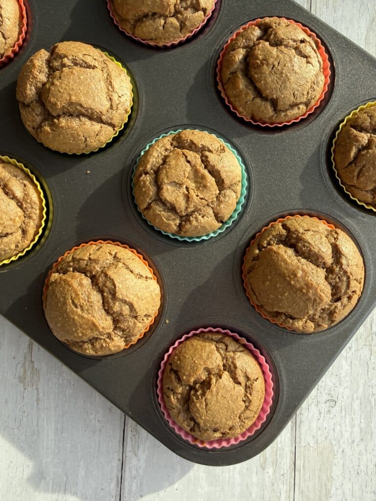 White bean muffins on a colourful muffin tin on a white picnic table.