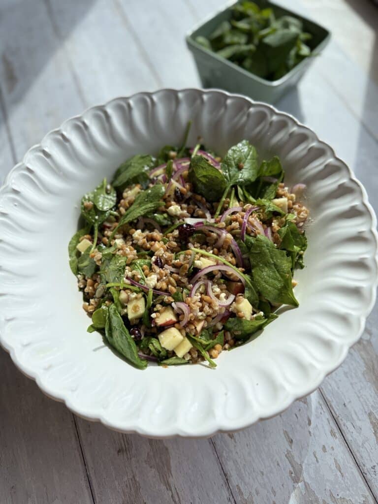 Farro and lentil thanksgiving salad in a white bowl, beside a box of spinach.