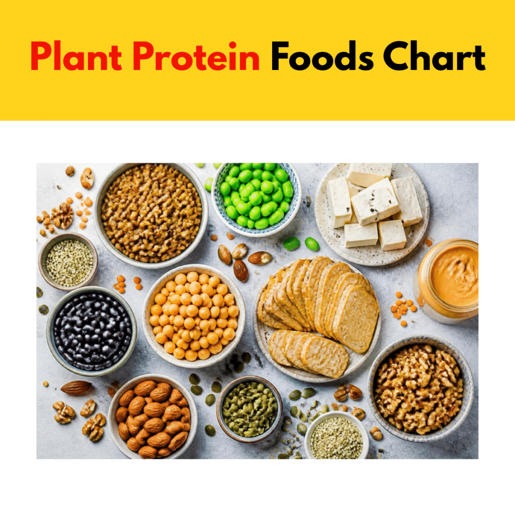 Plant protein foods chart for lower cholesterol, showing beans, lentils, tofu, nuts and seeds.